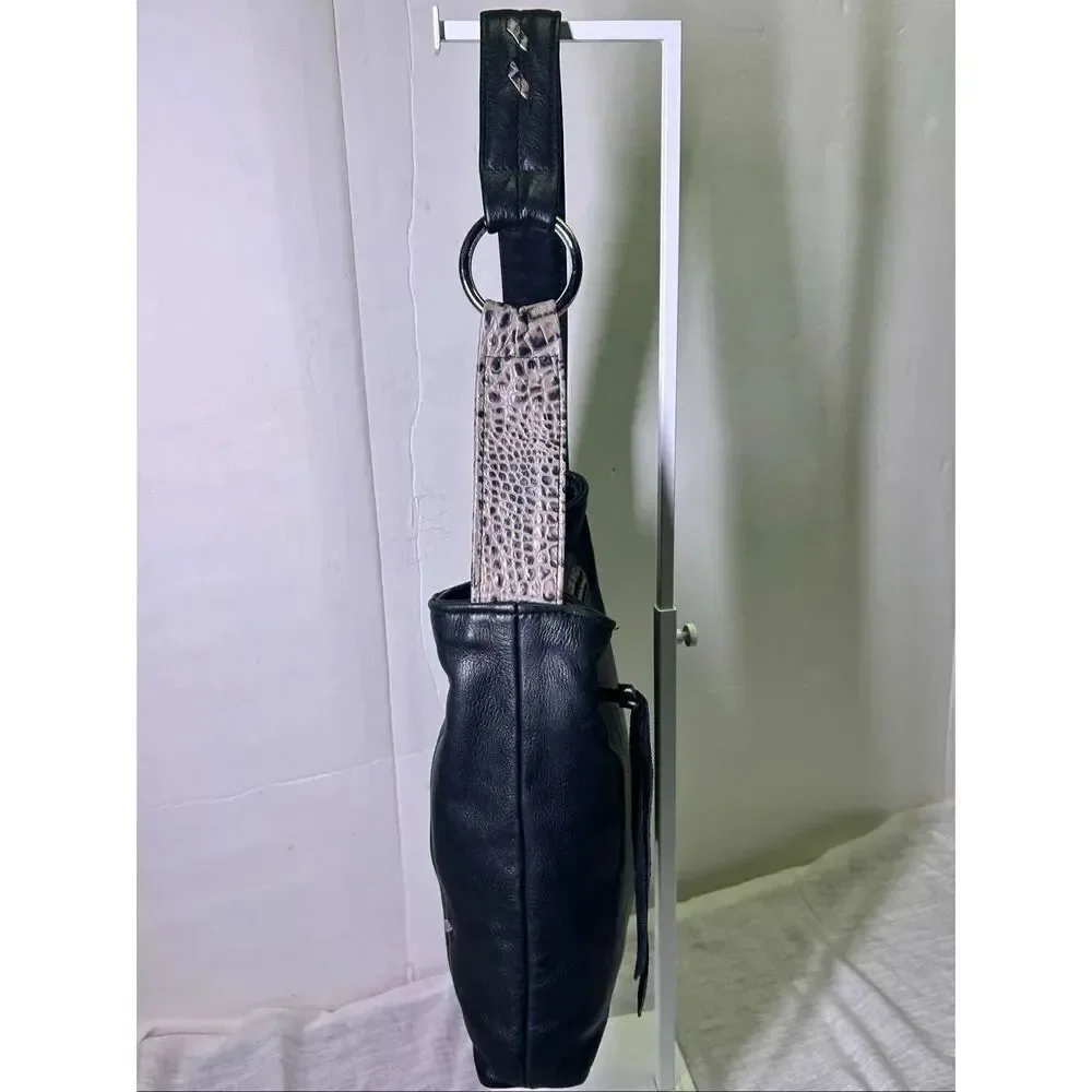 Black Leather Slouchy Hobo Bag Snakeskin Strap Silver Ring Hardware Y2K